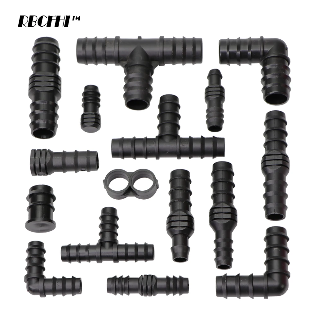 Rbcfhi irrigação por gotejamento 16/20/ 25mm kit de acessórios de tubulação farpado t cotovelo tubulação tampa final conectores de fechamento para sistemas de sprinkler