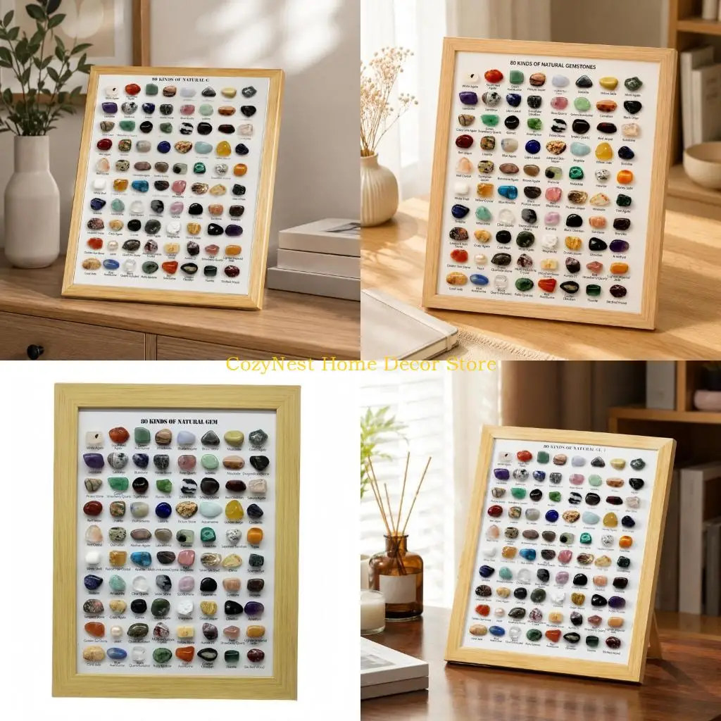 92MF Natural Mineral Study Board with 80 Named Minerals, Mounted Collection Display for Collector Reference, Desk Placement and