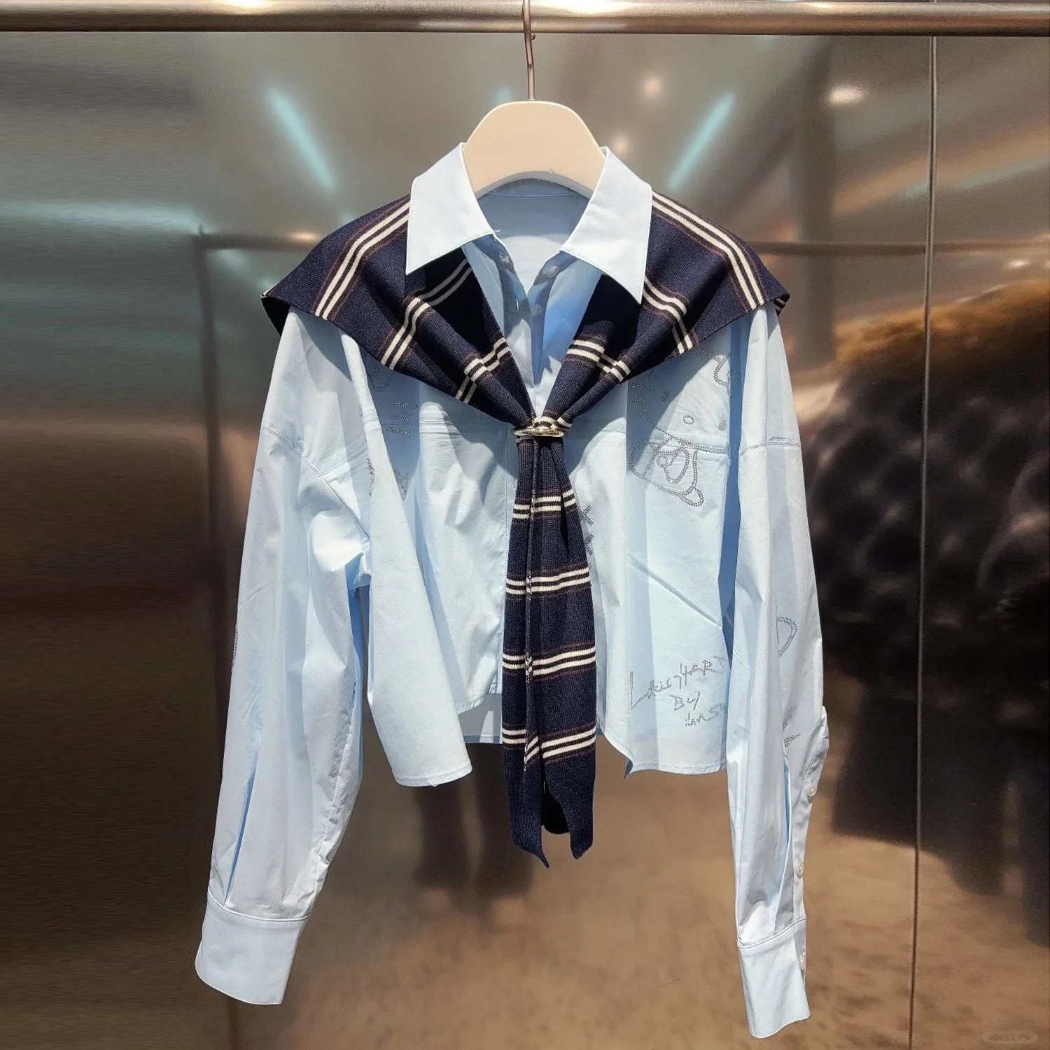 

Spring 2026 High-End Women's College Style Long Sleeve Striped Shawl Kitty Print Breathable Sweat Absorbent Ladies Shirt