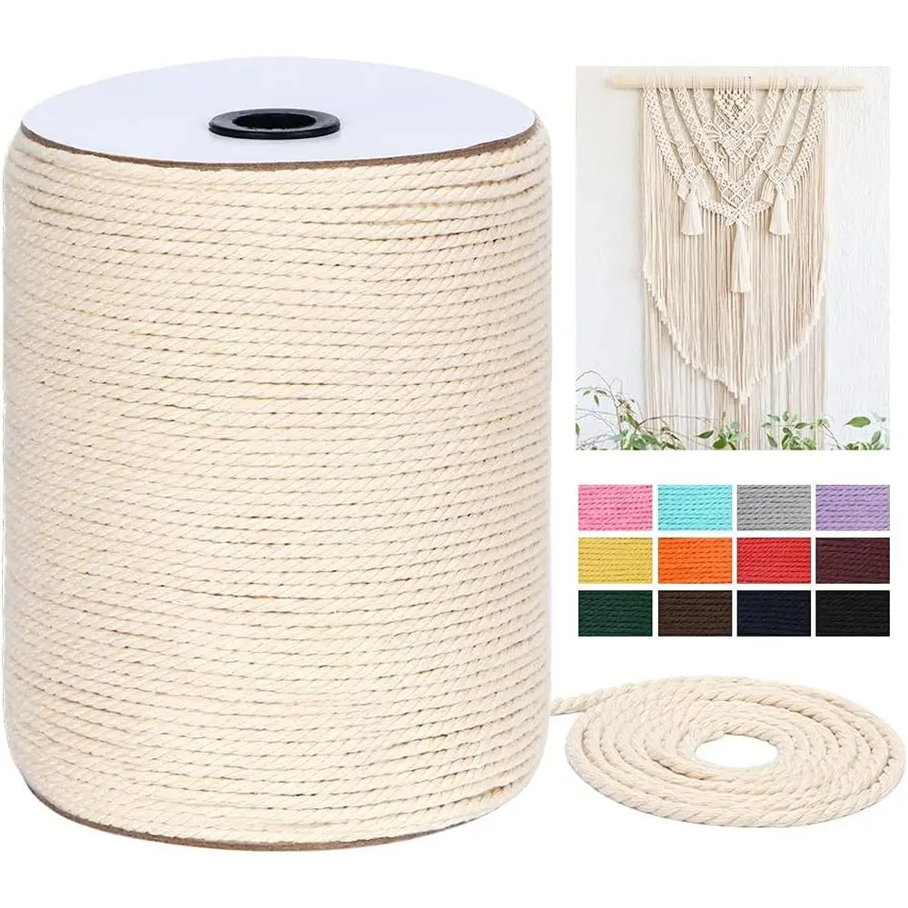 4mm x 328Yards Natural Cotton Rope - 3 Strands for Wall Hanging, Plant Hangers, Crafts, Gift Wrapping and Wedding Decorations