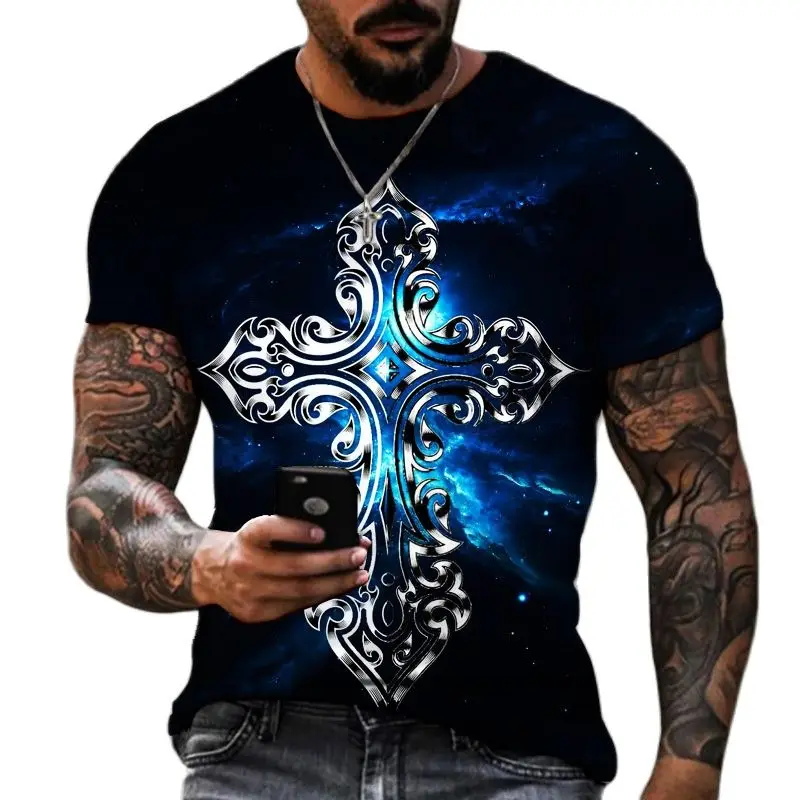 Summer Men\'S 3d Printed T-Shirt Jesus Cross Print Retro Catholic Harajuku O-Collar Short-Sleeved Casual Fashion Plus Size Top