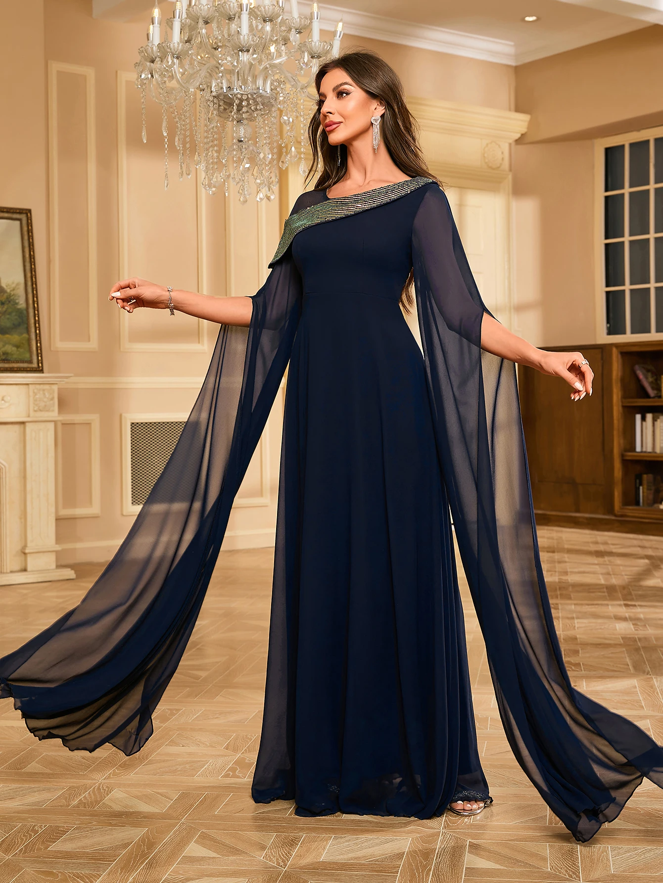 UNITHORSE Sequin Patchwork Chiffon Capelet Sleeve Formal Evening Dress