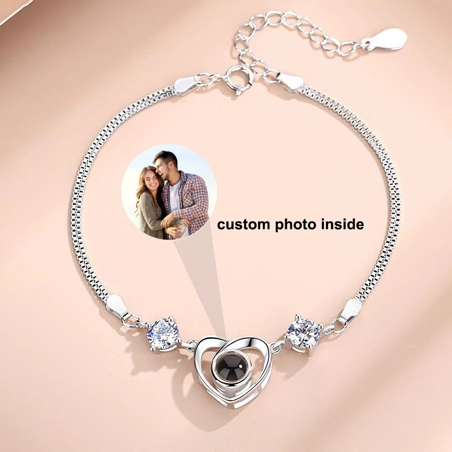 Pulsera de proyección de foto personalizada, Color plata joyería con/oro rosa, en forma de corazón, circonita cúbica, foto personalizada