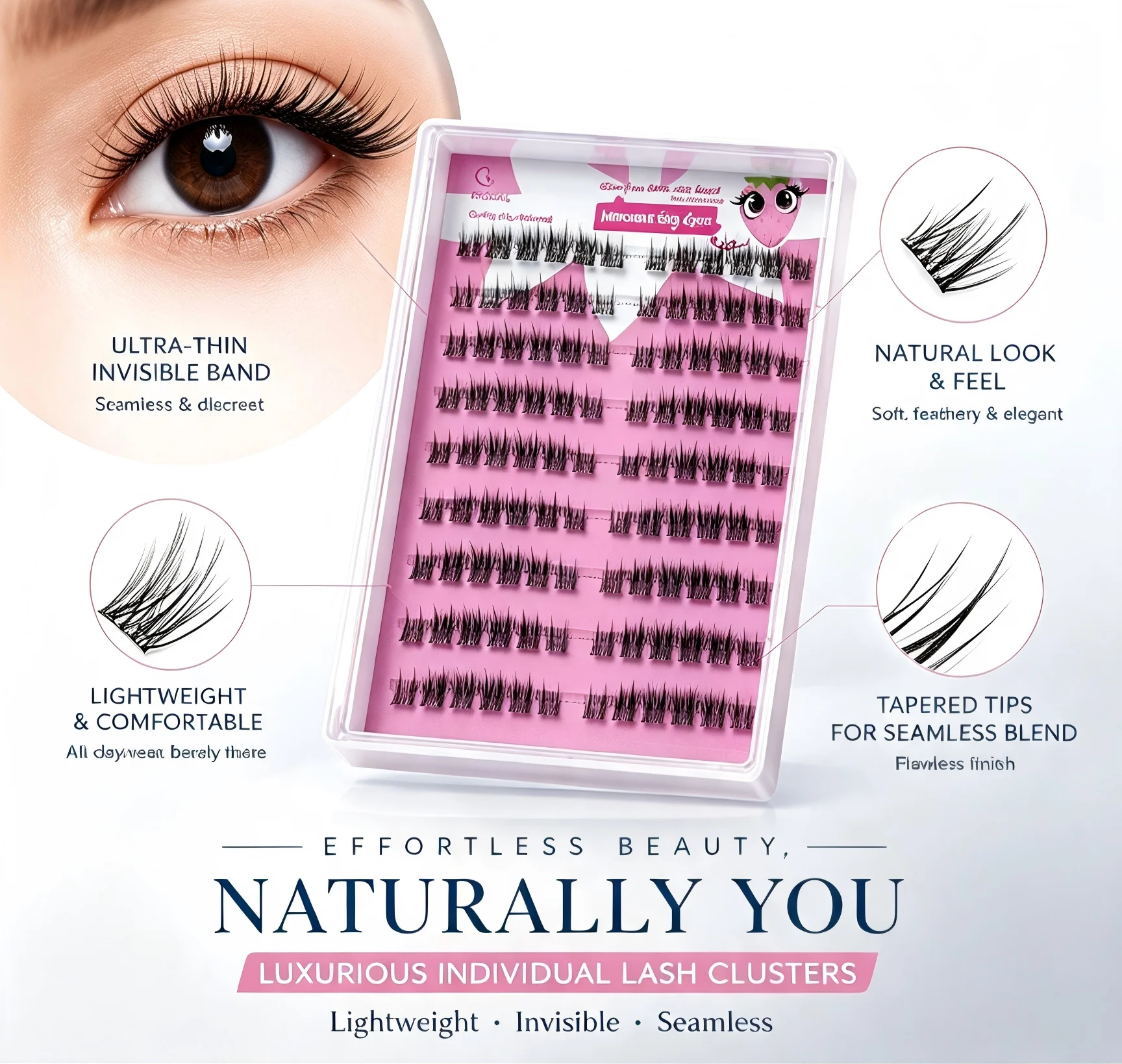 No Glue Press On Lash Clusters 120Pcs C Curl Mixed Length Soft  0.07mm Natural Wispy Self Adhesive Lashes Black Cotton Band