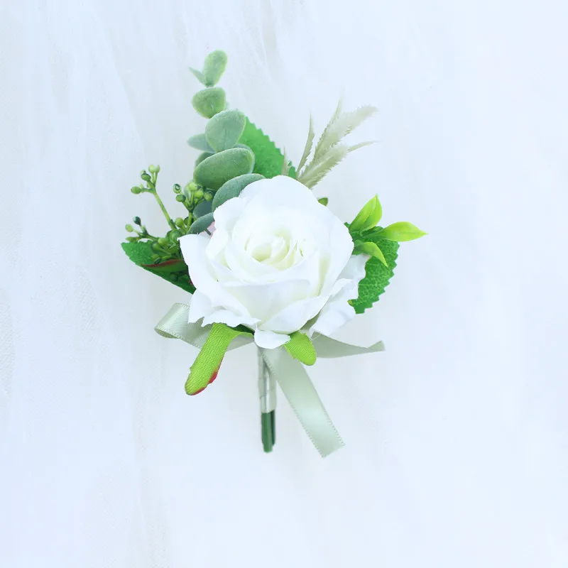 YO CHO Wedding Planner Roses Artificial Silk Flower Wrist Corsage Bracelet Groom Boutonniere White Wedding Men Marriage Flowers