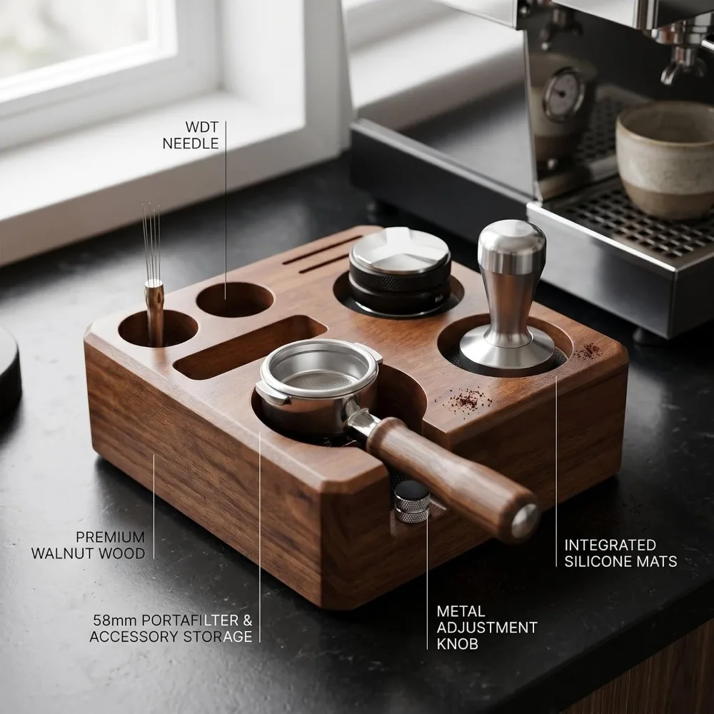 Adjustable Espresso Tamping Station Walnut Wood Square Design Tamper Holder Stand Storage Compartments 58mm Compatible