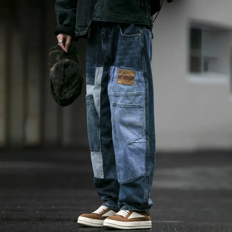 

Autumn Winter Vintage Washed Heavyweight Jeans Japanese Deconstructive Patchwork Denim Pants Men's Trendy Workwear Haren Pants