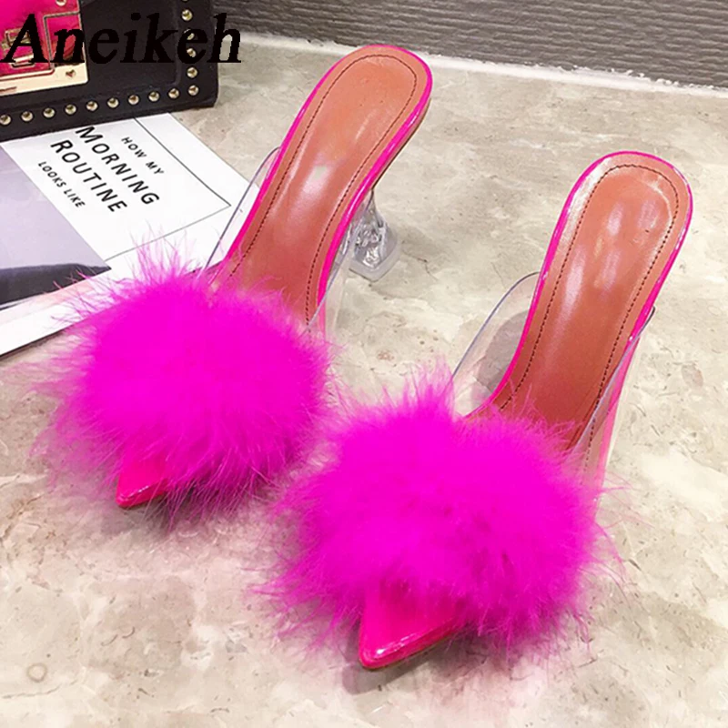 Aneikeh 2024 estate PVC trasparente sandalo piuma tacchi alti pantofole di pelliccia donna Peep Toe Mules Lady Pumps Slides Shoes 35-42