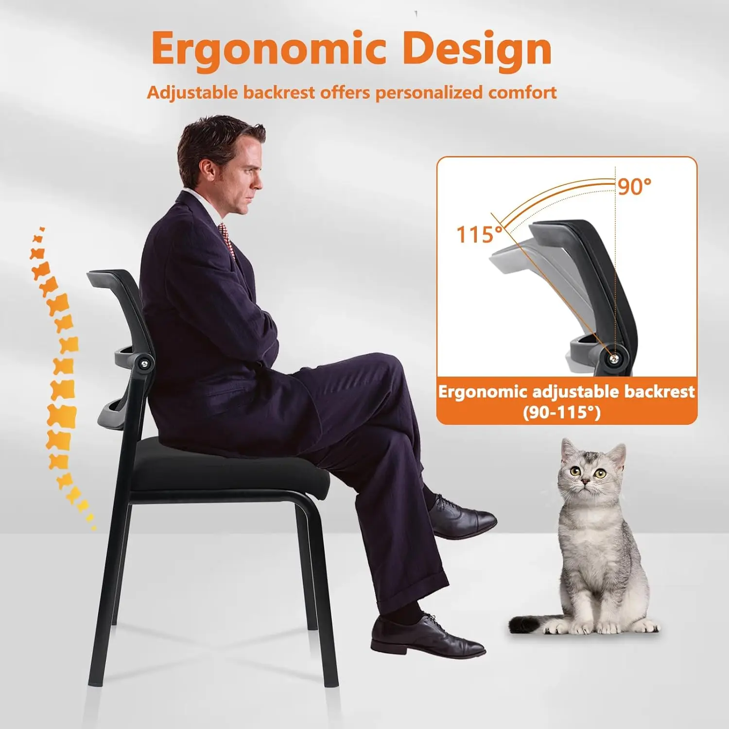 Stacking Armless Office Chair With Adjustable Backrest, Stackable Mesh Guest Reception Desk Chairs With Ergonomic Lumbar Support