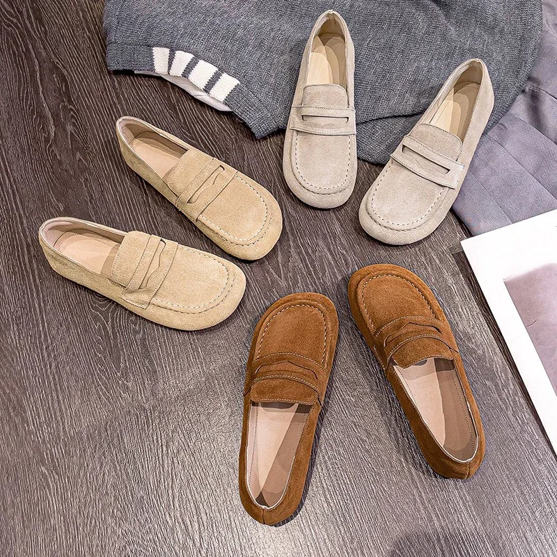 New Fashion Women Shoes Genuine Leather Soft Casual Shoes Spring Slip-On Loafers Cow Suede Flats Daily Flat Shoes