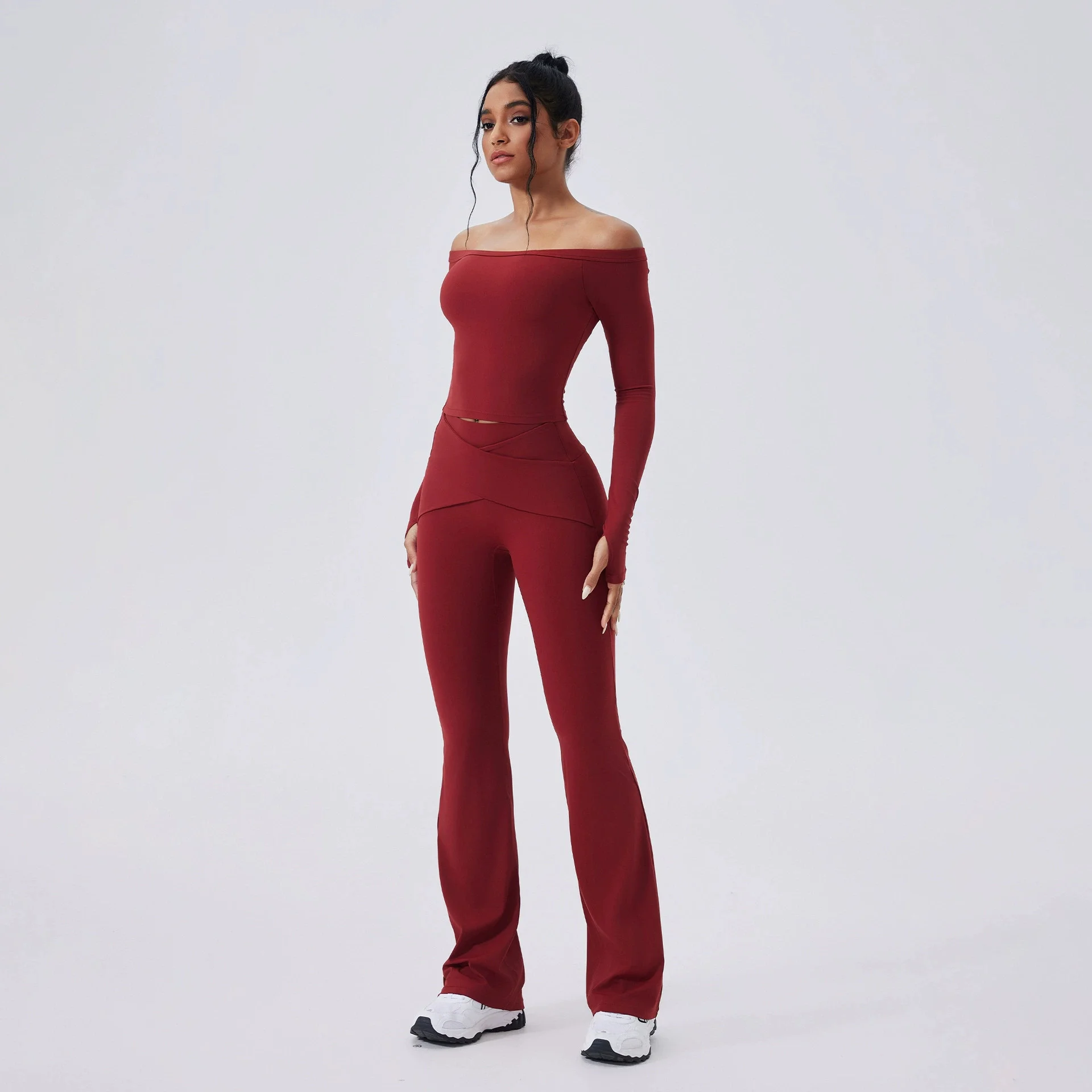 2PCS Yoga Sets Women Sports Long Sleeve Off Shoulder Shirts Workout Tracksuit Cinching High Waist Flare Leggings Fitness Suits