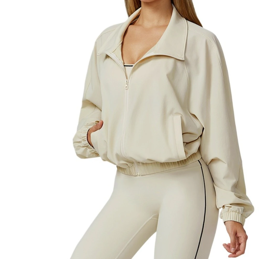 

Autumn Women Sports Jacket Quick Dry Stand Up Collar Zipper Coats Windproof Outdoor Running Yoga Jacket Loose Gym Sportswear