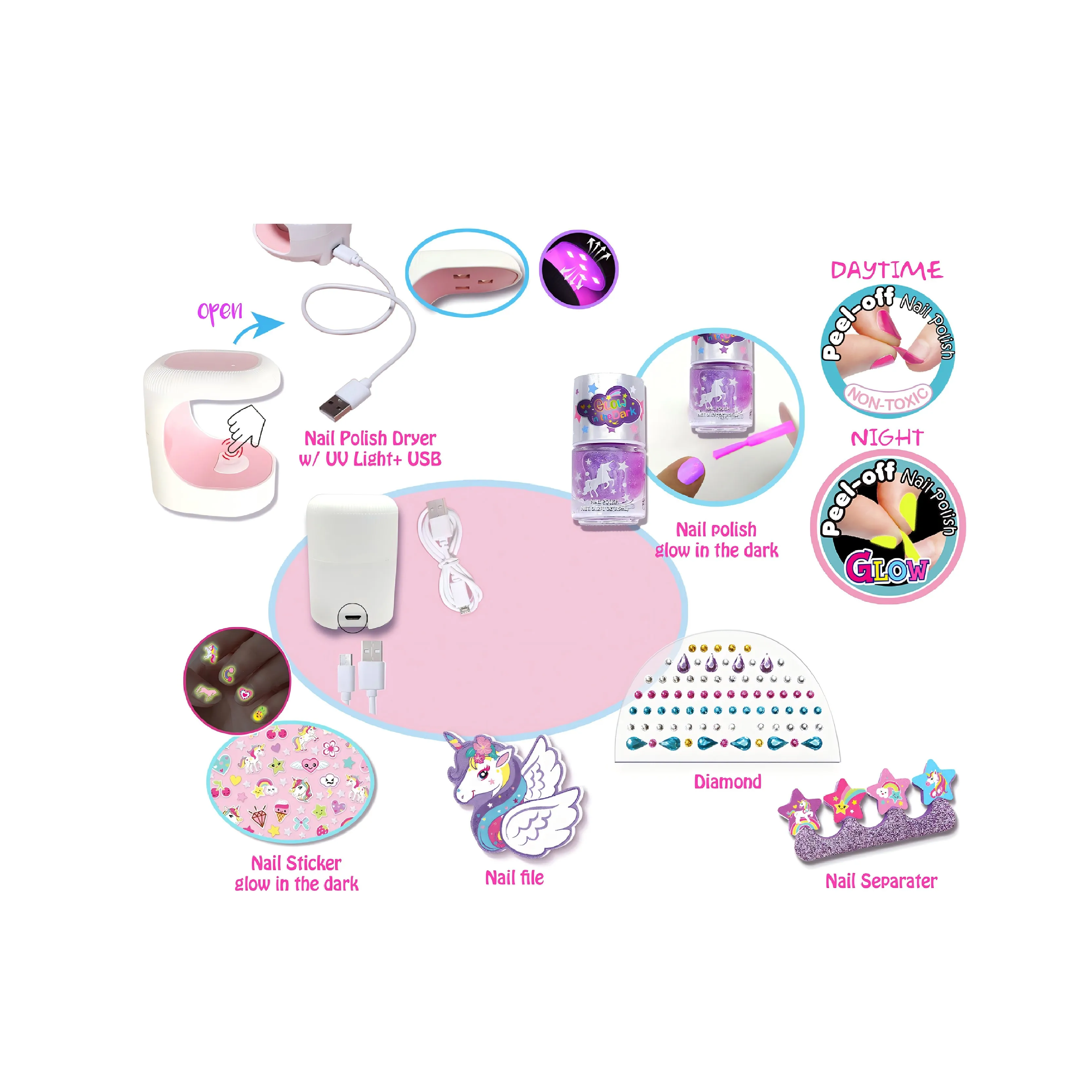 Juego de maquillaje para niños, Kit de esmalte de uñas, pegatinas, juguetes para niños, regalos de cumpleaños, estilo de diseño de unicornio, 2024