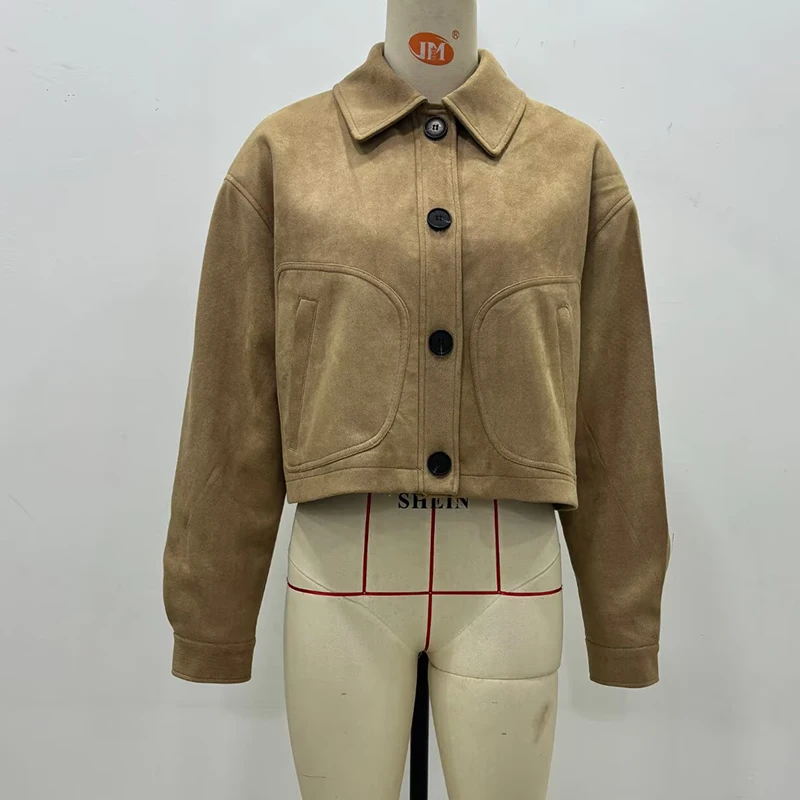 YENKYE 2025 女性フェイクスエードレザーショートジャケットシングルブレストポケット付きストリート秋の上着女性の衣装