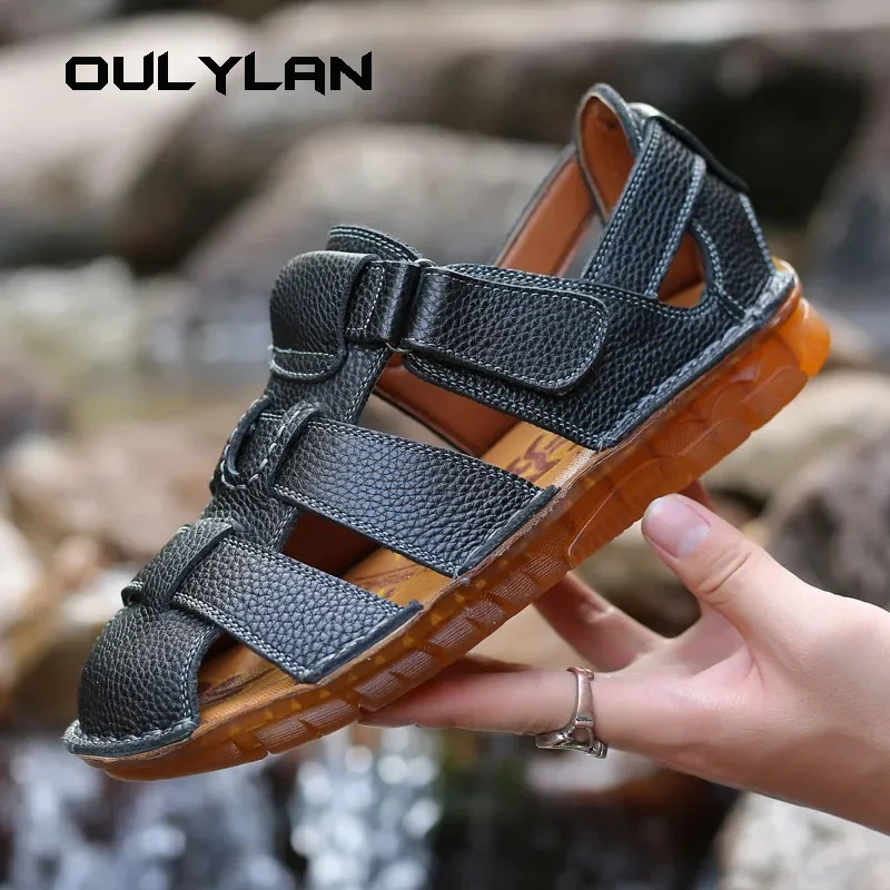 

2024 Summer Fashion Men Sandals Breathable Men Shoes Leather Outdoor Men Sandals Beef Tendon Base Beach Sandals Hollow Footwear