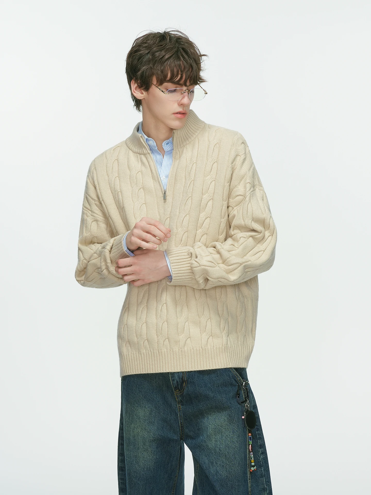 2025 Autumn Winter New Half-Zip Cable Knit Gray Black Sweater Men's Loose Casual Khaki Coffee Color Long Sleeve Knitwear