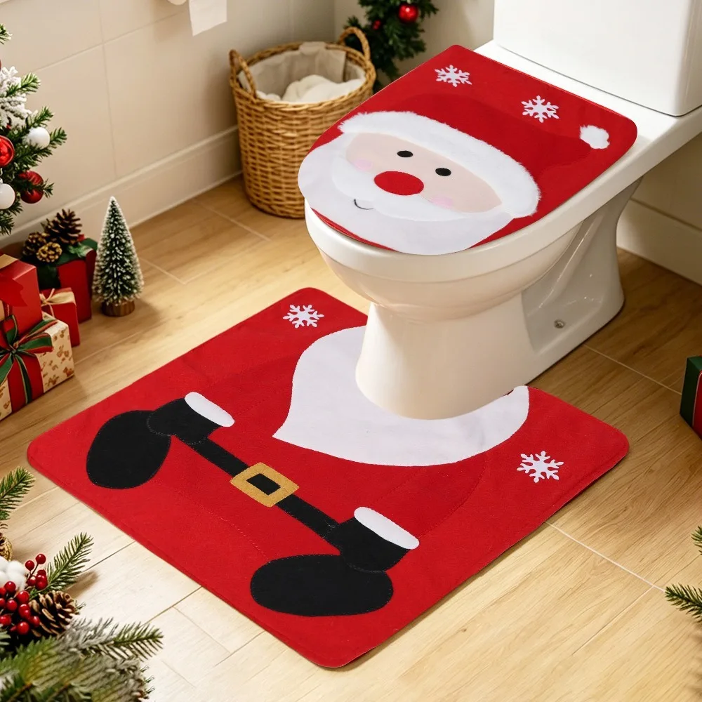 Two Piece Set Christmas Toilet Seat Cover Elk Snowman Pattern Creative Decorative Christmas Bath Mat Santa Claus Design