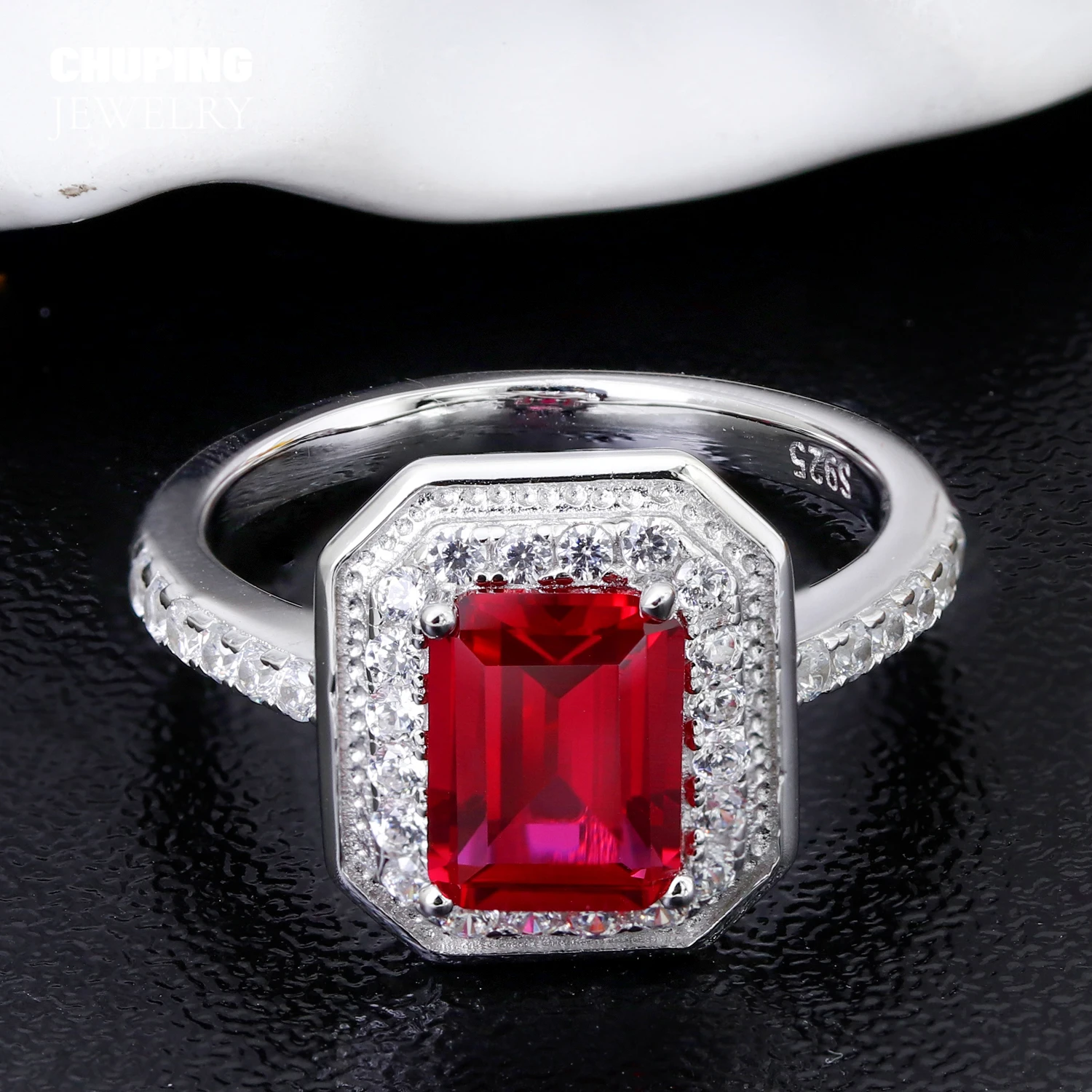 

ChuPing Lab Grown Ruby Ring Emerald Cut 925 Silver Valentine Gift For Women's Classic Date Jewelry Sparkling