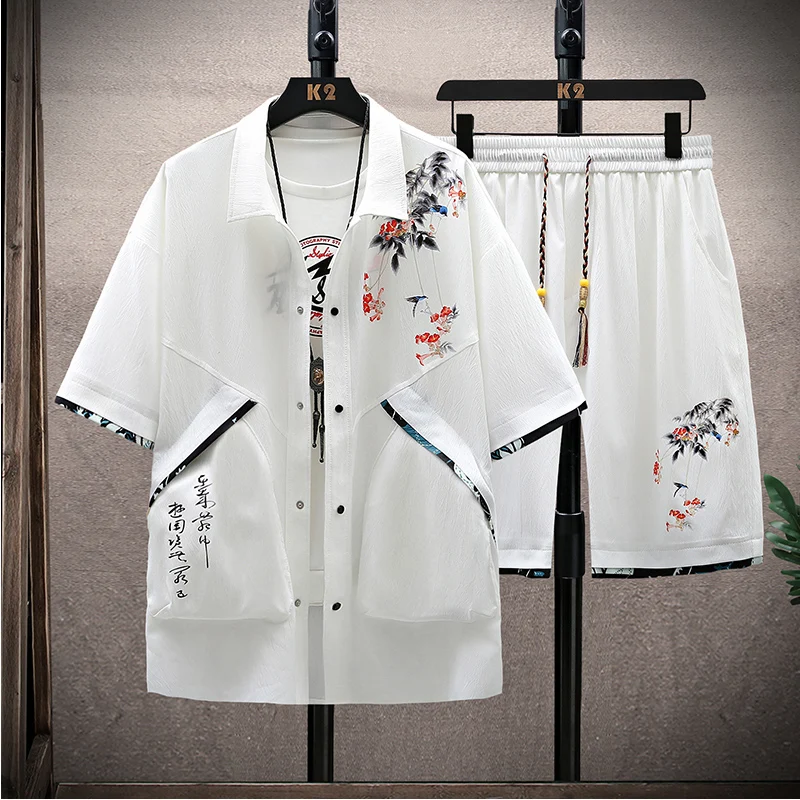 

Comfortable Summer Men's 2-Piece Kimono Lounge Set with Bamboo Print Frog Closures Short Sleeve Matching Set Home Meditation