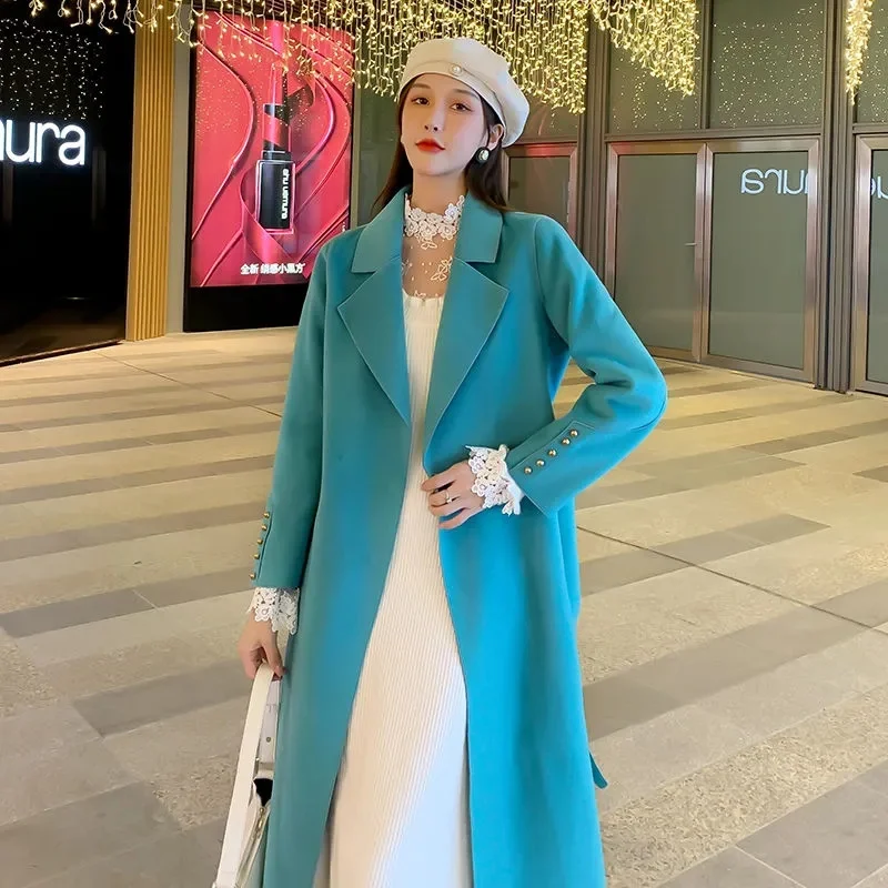 Office Lady Woolen Jackets 2025 Autumn And Winter Elegant All-Match Lace Up Loose Long Women's 100% Wool Coats