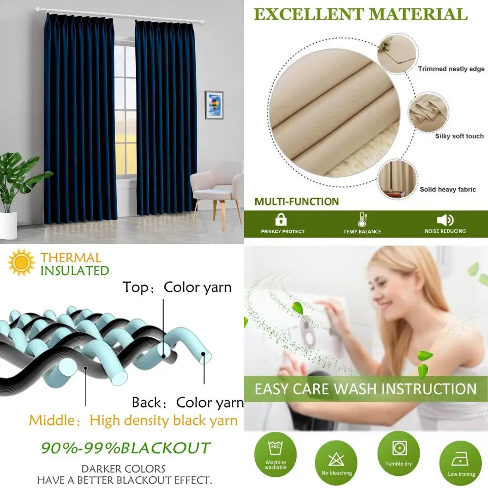 Extra lange verduisteringsgordijnen met dubbele knijpplooi voor 2-laags ramen, marineblauw, 72 inch, hangend per haken