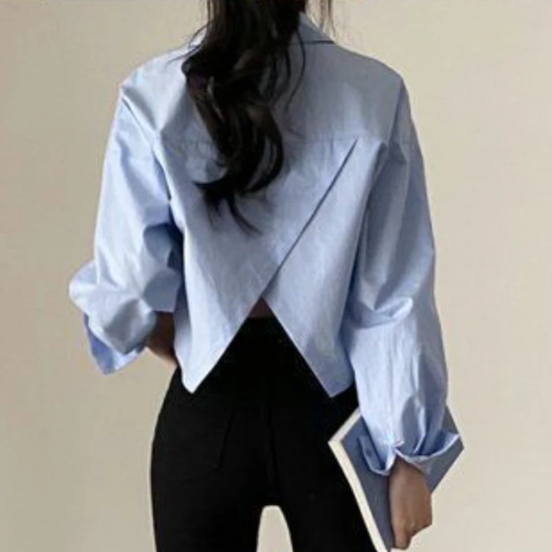 Irregular Shirts for Women Back Slit Solid Long Sleeve Preppy Korean Style Camisas Ropa Mujer Crop Tops Cute Y2k Clothes Elegant