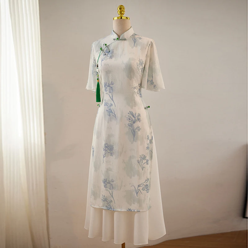 New Chinese Cheongsam Ao Dai Stand Collar Button Short Sleeves Grace Cheongsam Chiffon Tea Dress