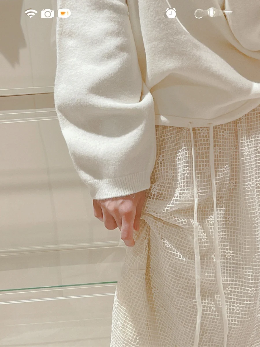 

Pure White Knitted Sweater with Drawstring Hem Vintage Color Women's Top Versatile Wear Long Sleeve round Neck Regular Fit