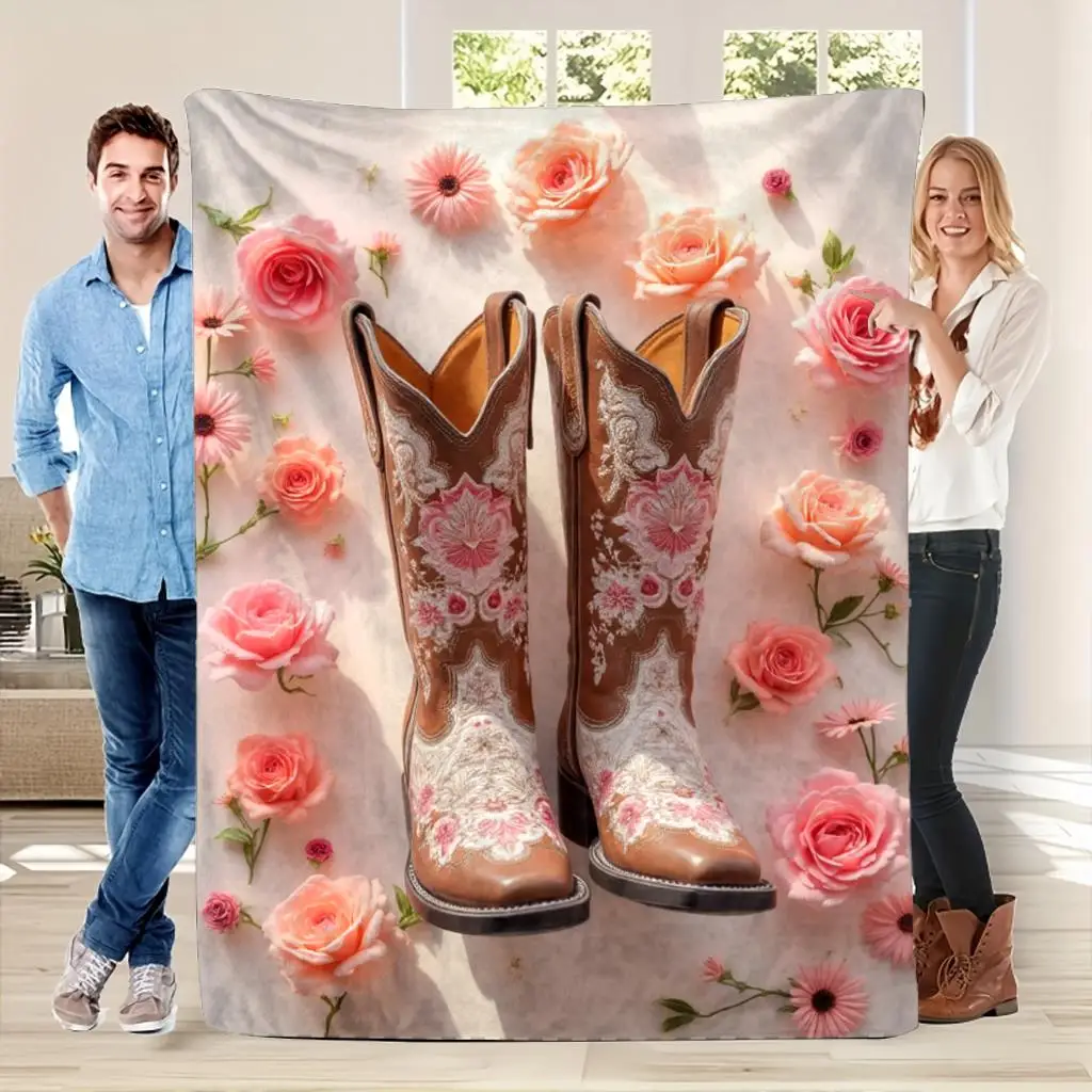 Ultimate Western Boho Cowboy Boot and Rose Floral Pattern Blanket Throw 150x230cm Cozy Bed Decor