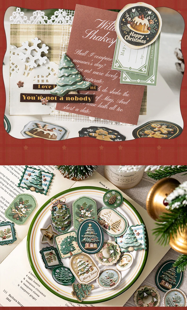 Journal GO 30 Stück Retro-Weihnachts-Etiketten-Aufkleber, geprägte, gemischte Formen, Feiertags-Dekore für Junk Journals, Scrapbooking, Planer, Karten – Detail 10
