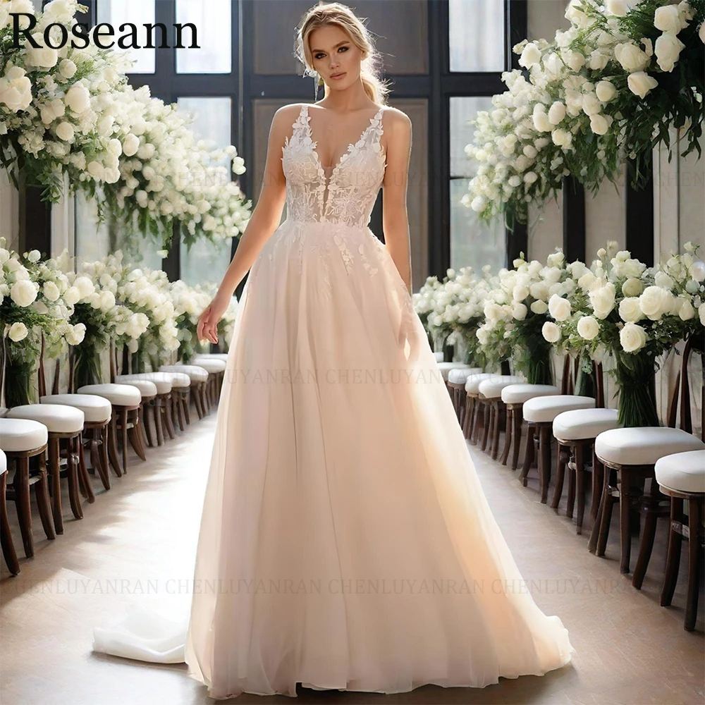 Customized 2025 New Retro Design A-line Wedding Dress V-Neck Sleeveless Applique Tulle Open Back Bride Dresses robe de mariée