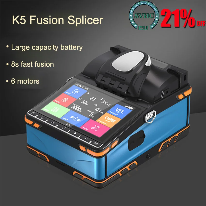 New Fiber Optic Fusion Splicer K5 Optical fiber welder 6 motors Optical Fusion Welding Machine with 5.5inch Touch Screen VFL OPM