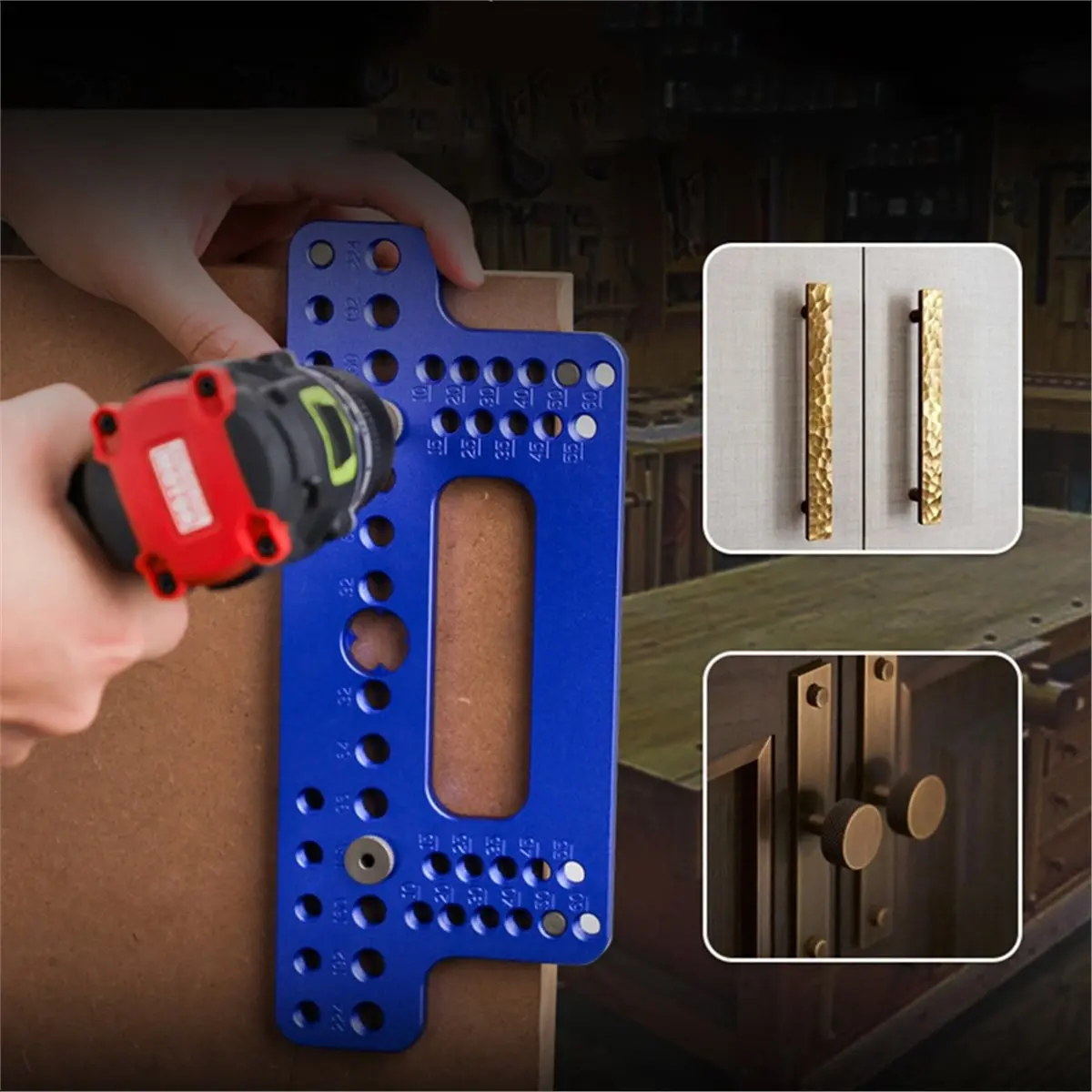 STOCK-Woodworking Wood Door Handle Locator Puncher for Wardrobe Door Cabinet Positioner Drill Guide Aluminum Alloy Blue