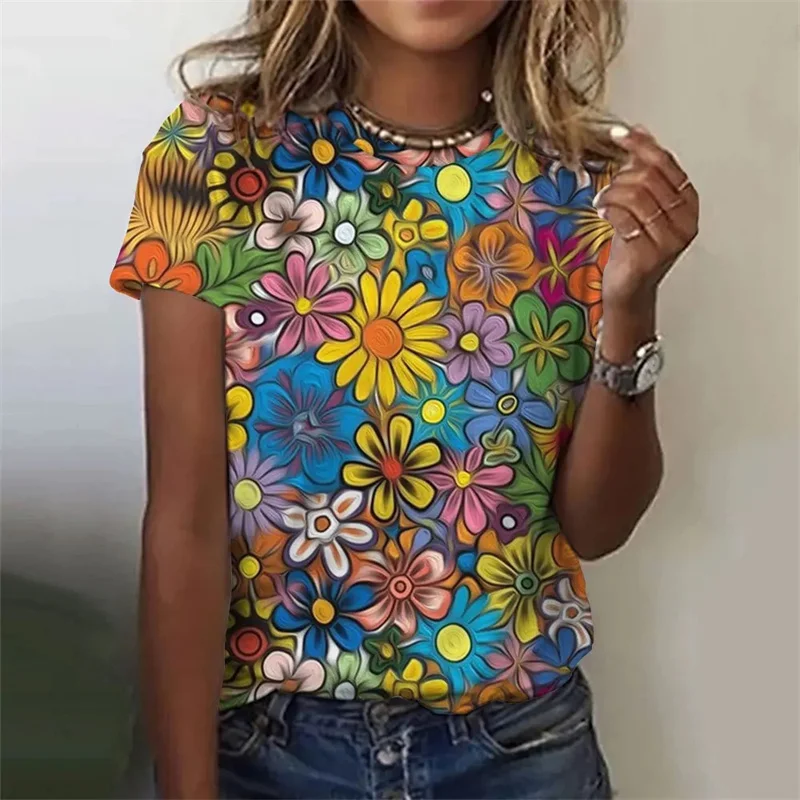 New Summer Harajuku 3D Flowers Printing T Shirt Floral Graphic T Shirts Women Fashion Tee Shirts Girl Funny Short Shirt Clothing