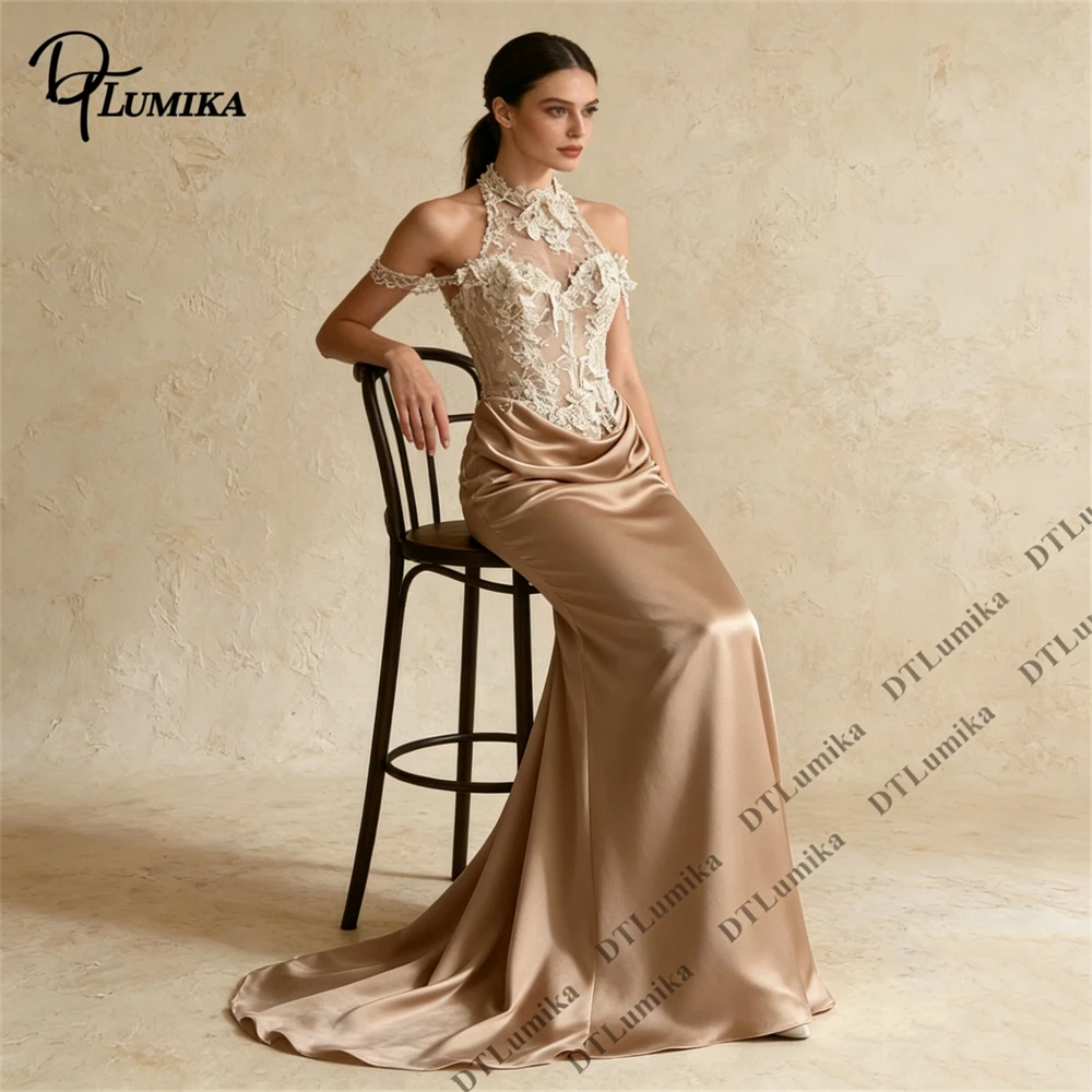 

DTLumika Satin Long Prom Dress Sexy Illusion Lace Evening Gown Halter Neck Backless Women's Luxury Maxi Gown for Events Charity