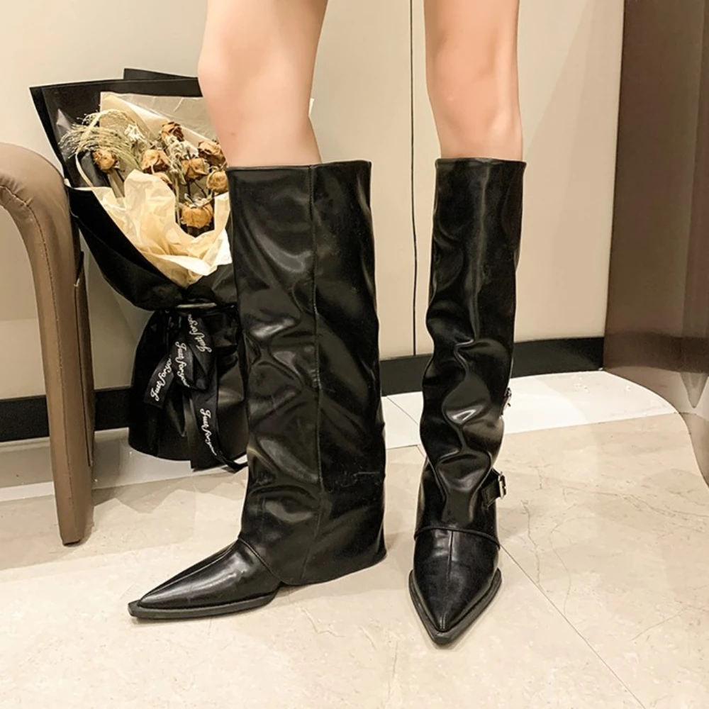 New Low-heeled Women Boots Pointed Toe Solid Color Square Buckle Design 2024 Winter Fashion Women Sexy Long Boots Size 35-42
