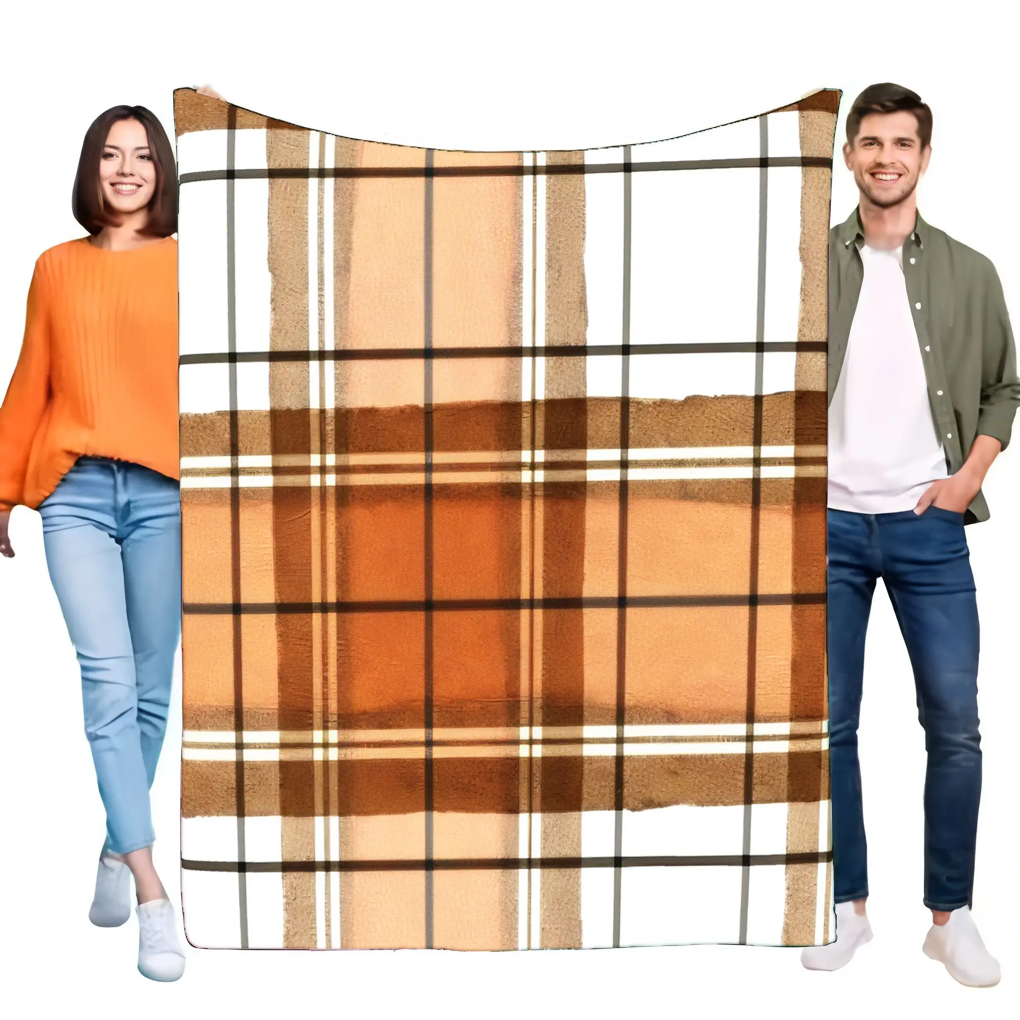 Gemütliche, warme, braune, orange-weiße Pinselstrich-Plaid-Fleecedecke, ultraweicher, leichter Überwurf für Bett, Sofa, Wohnzimmer, Heimdekoration, G