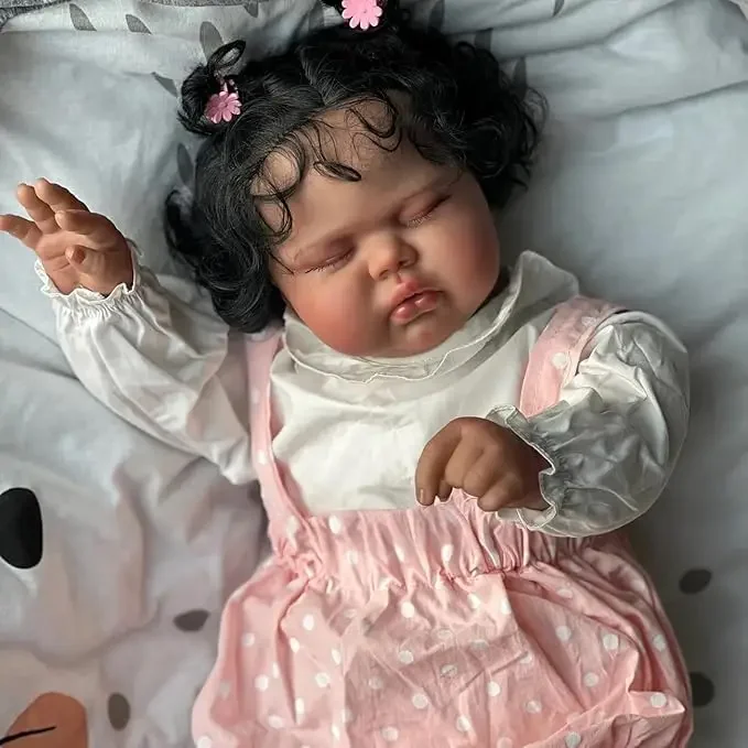 NPK 19Inch Sleeping Baby Dark Skin Pickle in Soft Cloth Body Lifelike Reborn Toddler Hand Rooted Hair Baby   Doll  Baby