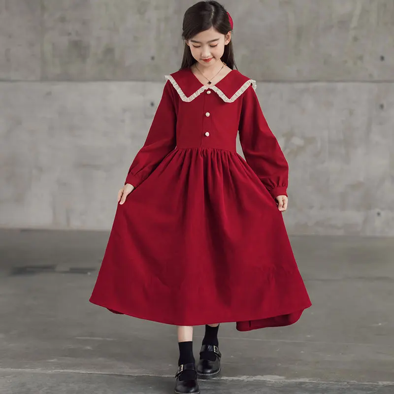 2024 autumn winter Europe western Kids Baby girl clothes red long sleeve party Dresses teenager Corduroy 4 5 6 8 9 10 11 12 year