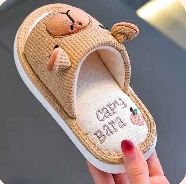 Capybara Kinder-Leinenhausschuhe Frühling Herbst Rutschfeste Weiche Sohle für Jungen Mädchen Eltern-Kind Hausschuhe Damen Bodenschuhe – Detail 4