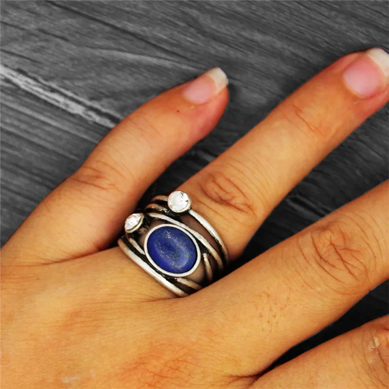 Vintage Look Natural Lapis Lazuli Quartz Rings For Women Antique Silver Plated Plant Crystal Stone Fashion Jewelry