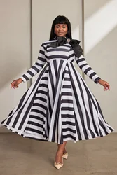 Women's Plus Size Semi Formal Maxi Dresses Elegant Black White Striped Fall Winter Mock Neck Long Sleeve Bow Tie Maxi Dresses