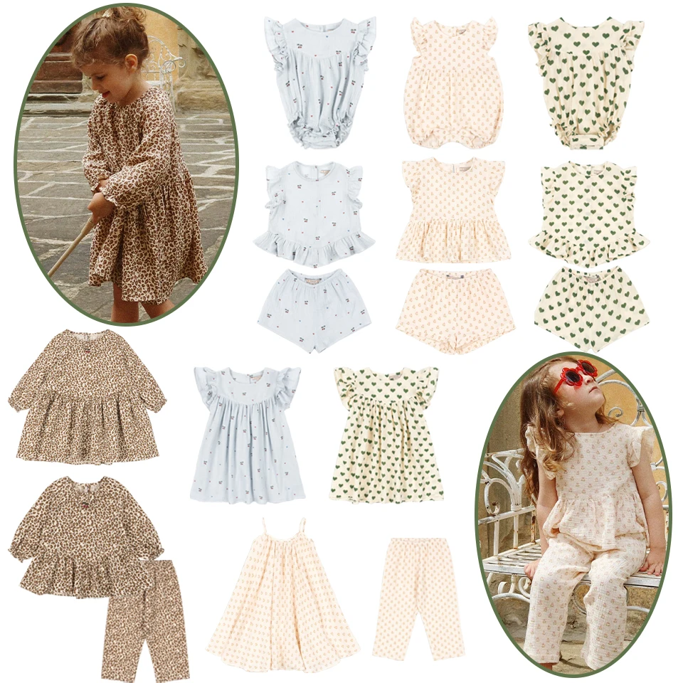 Conjunto de Ropa para Niñas KS, Vestido de Gasa con Estampado Floral, Verano 2026, Top con Estampado de Leopardo, Pantalones, Camiseta con Corazones, Shorts, Ropa Infantil