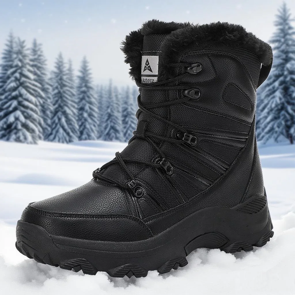 Мужские черные высокие зимние ботинки до середины икры, непромокаемая кожаная нескользящая мужская уличная меховая обувь с верхом для пеших прогулок, холодной погоды 2025