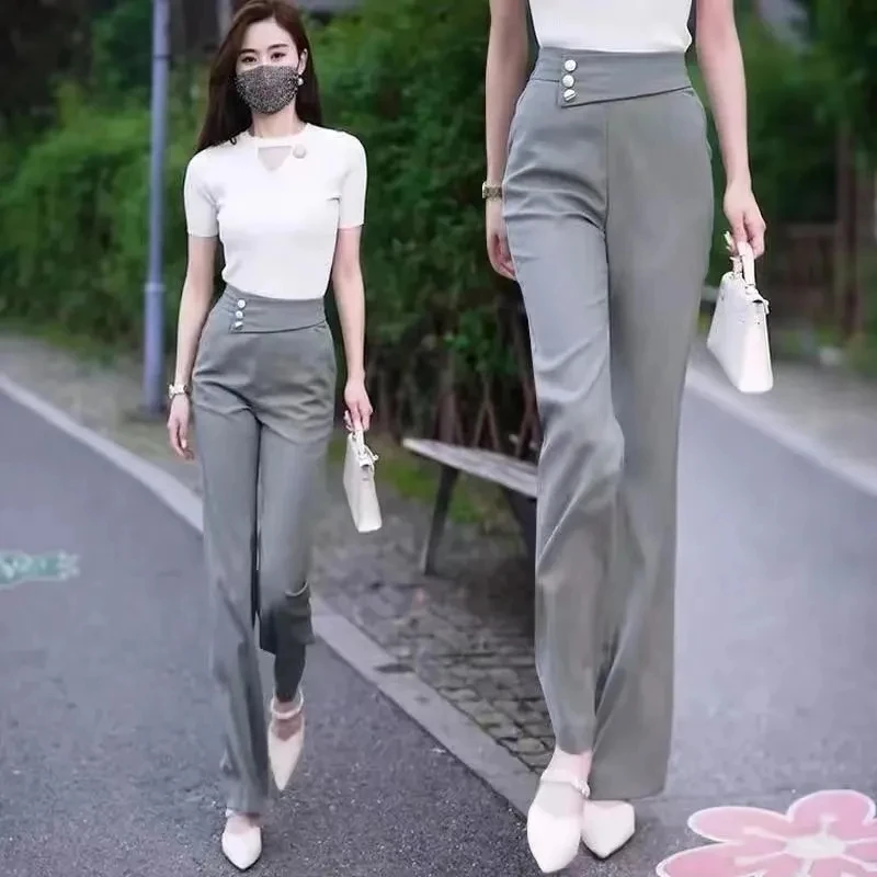 Female Ice Silk Micro Flared Pants Summer Mom Thin Style Loose Fitting High Waisted Casual Pants Women Loose Straight Leg Pants