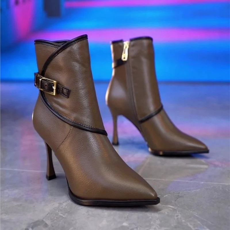 

FHANCHU 2023 новые женские ботильоны, короткие сапоги на высоком каблуке, модная зимняя обувь с пряжкой, с острым носком, 34-39, сзади, коричневые, Прямая поставка