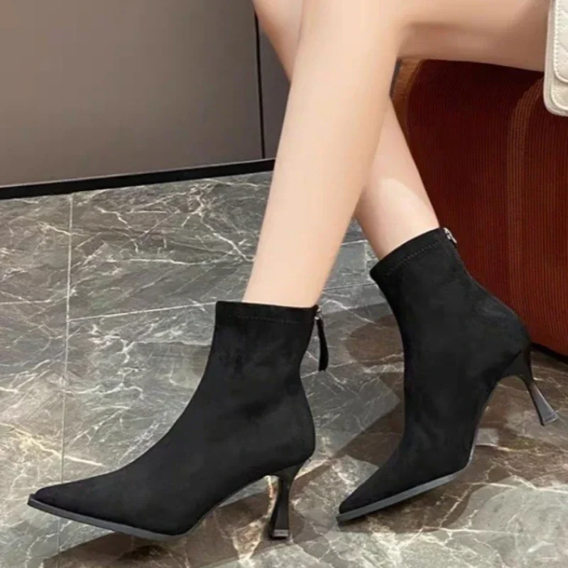 Leopard Women Ankle Boots Pointed Toe Sexy High Heels 2024 Trend Suede Snow Boots Autumn Luxury Party Pumps Fad Goth Botas Mujer