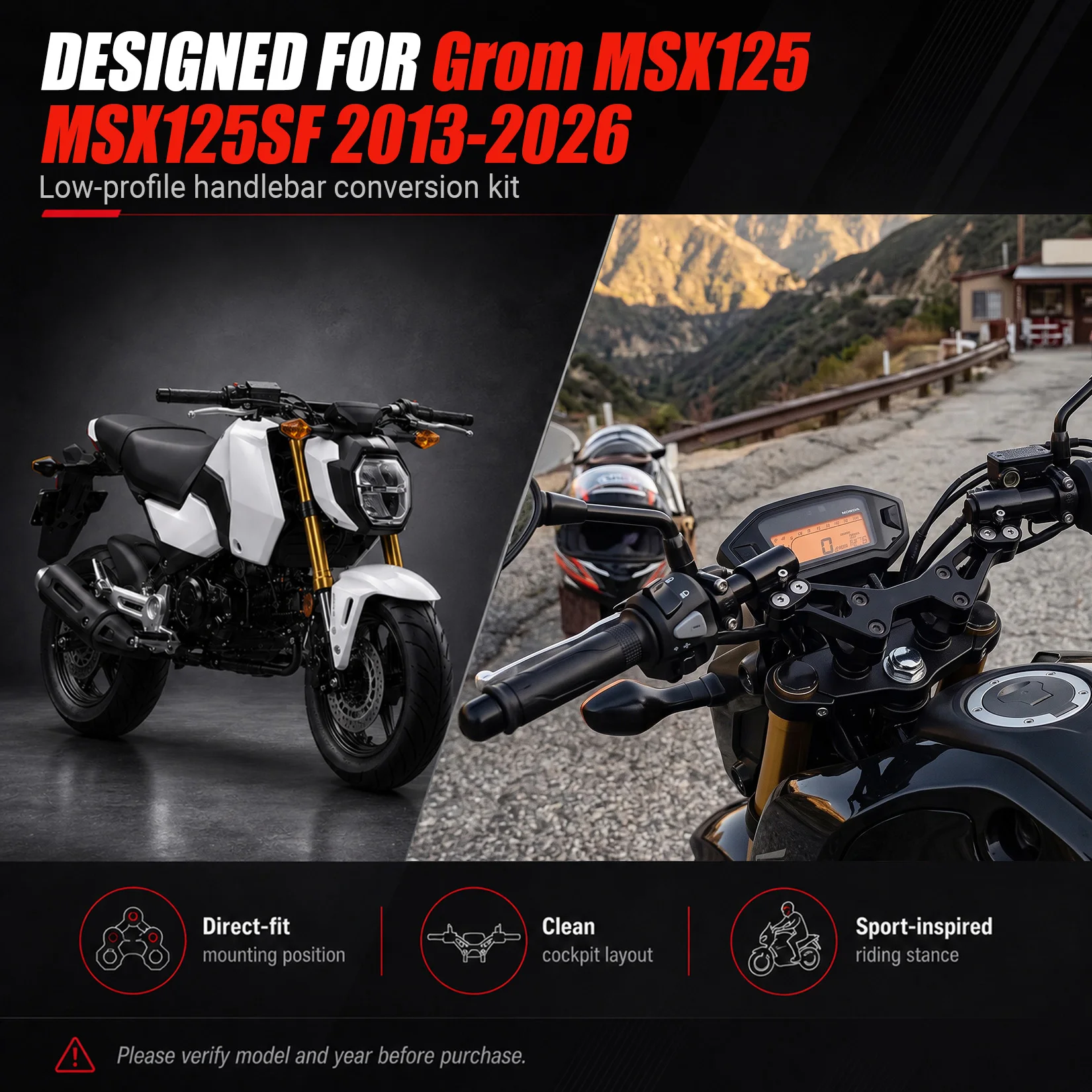 Motorcycle Adjustable Handlebar Kit for Grom MSX125 MSX125SF 2013-2026 Aluminum Separated Clip-on Sport Handle Bars with Risers