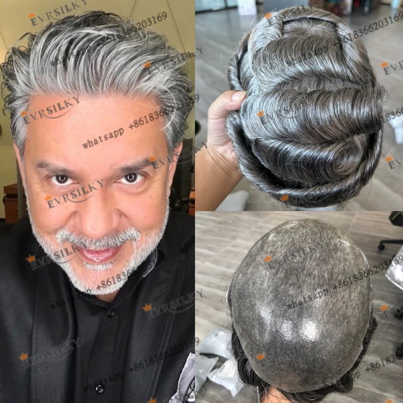 Ultra Thin Skin 0.06mm Full Vlooped PU Base Men Human Hair Toupee 1B65 1B80 Grey Hair Prosthesis Capillary Natural Hairline Unit