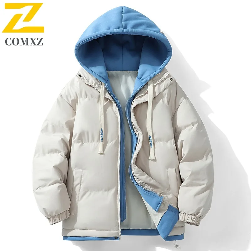 

COMXZ Men Padding Coat Fake Two Piece Design Outdoor Camping Windproof Warm Parka Hooded Lightweight Winter Cotton Coat